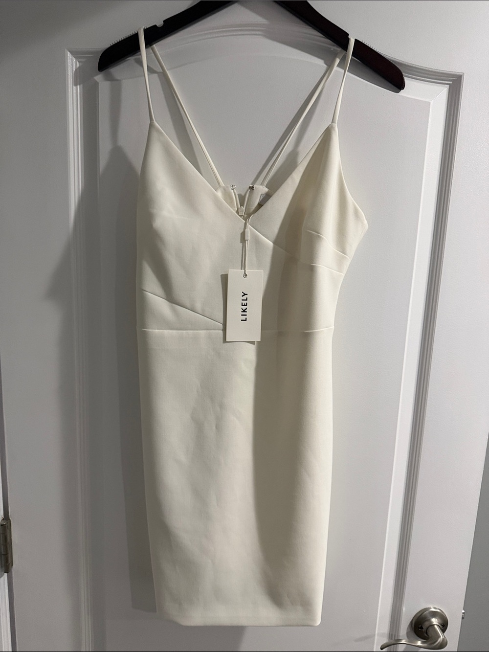 Likely Cream Spaghetti-Strap Mini Sheath Dress